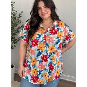 LuLaRoe Floral Watercolor Short Sleeve Button Up Blouse Top 3XL Red Blue Orange